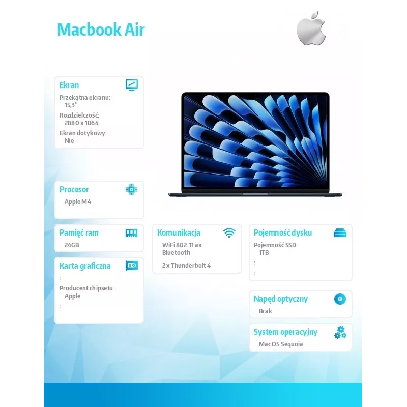 Apple MacBook Air M4 15,3 collu 24 GB 1 TB macOS Midnight 70W klēpjdators
