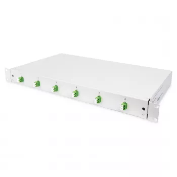 Optiskās šķiedras savienojumu kārba DIGITUS DN-96330/9APC 1U, aprīkota ar 6x LC-APC DX, OS2, polimērs/tērauds, gaiši pelēka