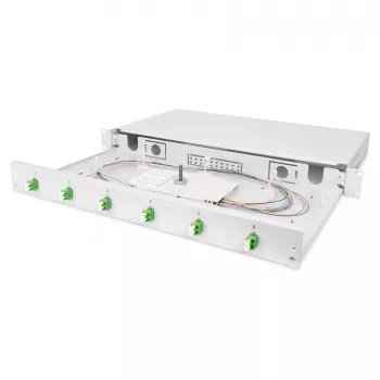 Optiskās šķiedras savienojumu kārba DIGITUS DN-96330/9APC 1U, aprīkota ar 6x LC-APC DX, OS2, polimērs/tērauds, gaiši pelēka