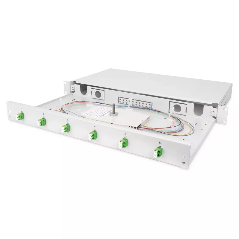 Optiskās šķiedras savienojumu kārba DIGITUS DN-96330/9APC 1U, aprīkota ar 6x LC-APC DX, OS2, polimērs/tērauds, gaiši pelēka