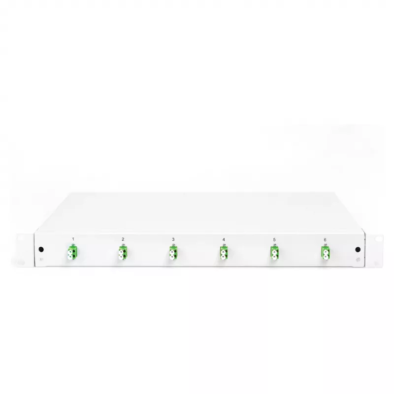 Optiskās šķiedras savienojumu kārba DIGITUS DN-96330/9APC 1U, aprīkota ar 6x LC-APC DX, OS2, polimērs/tērauds, gaiši pelēka