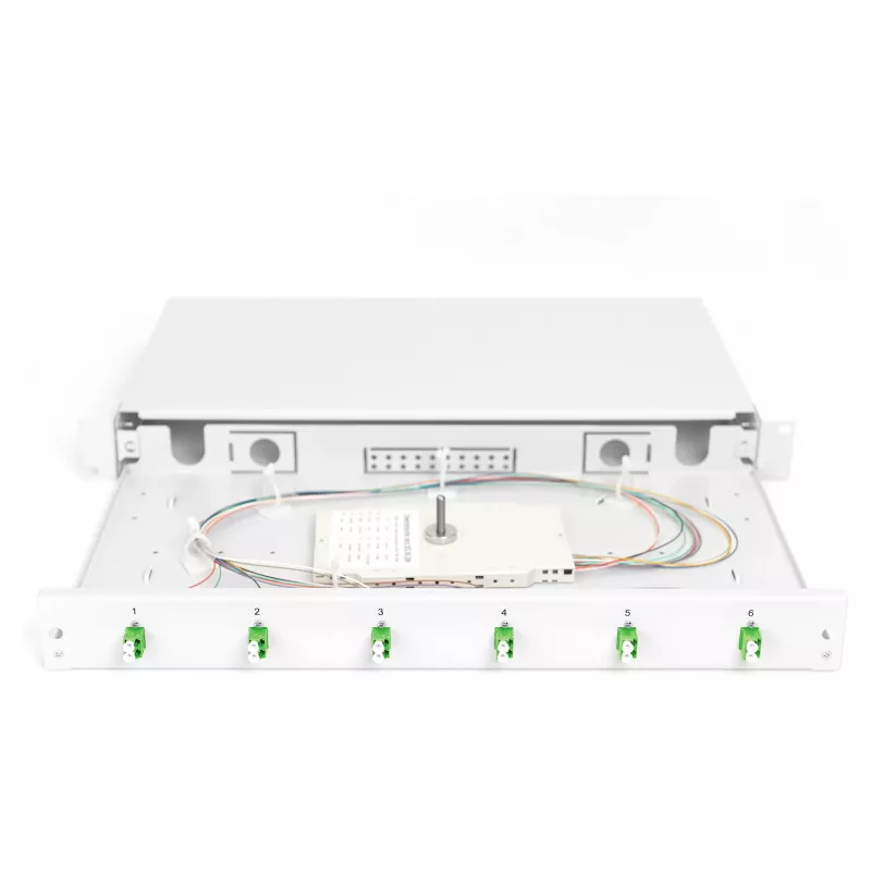 Optiskās šķiedras savienojumu kārba DIGITUS DN-96330/9APC 1U, aprīkota ar 6x LC-APC DX, OS2, polimērs/tērauds, gaiši pelēka