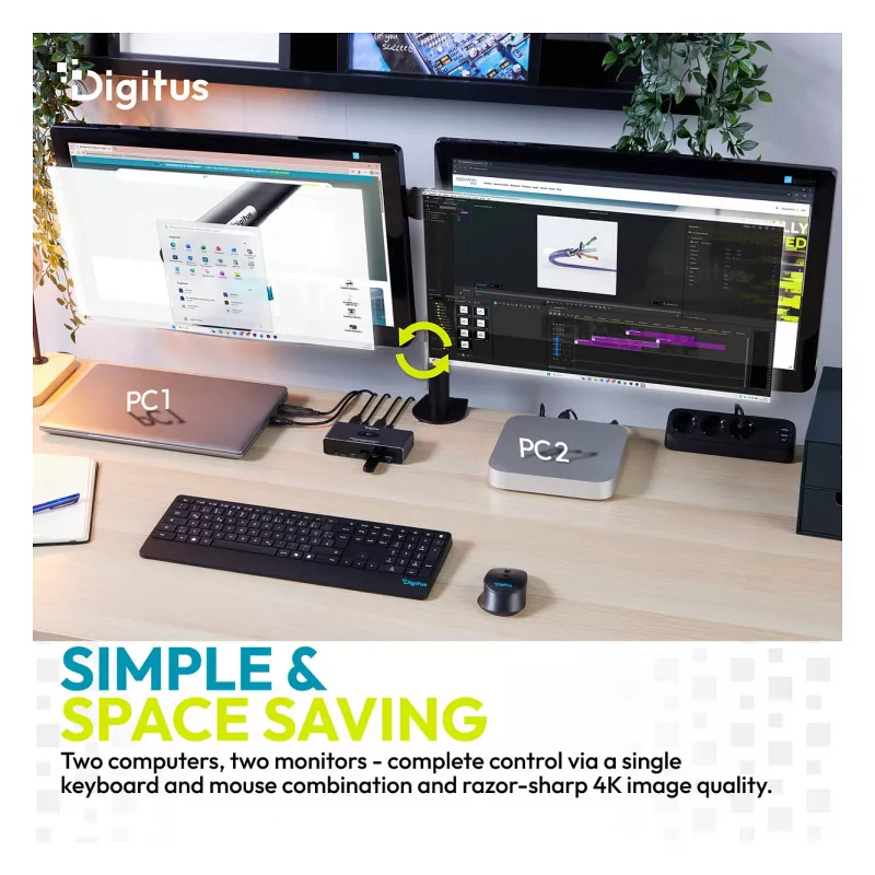 KVM slēdzis DIGITUS DS-12856 USB-C/USB-A 2 portu Dual HDMI 4K60Hz (USB 3.2 Gen 1)