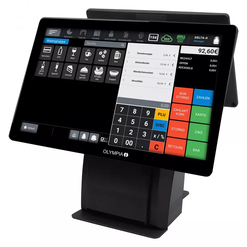 All-in-One Olympia T215DK 15 collu (38,1 cm) skārienjūtīgs Android 11, tiešās termiskās drukas printeris 8 cm, melns