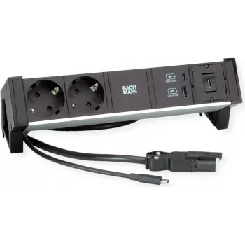 Barošanas modulis Bachmann DESK2 ALU Melns — galda elektrības pieslēguma bloks ar 2× CEE7/3 rozetēm, 1,0 m kabeli, 1× USB lādētāju 22 W