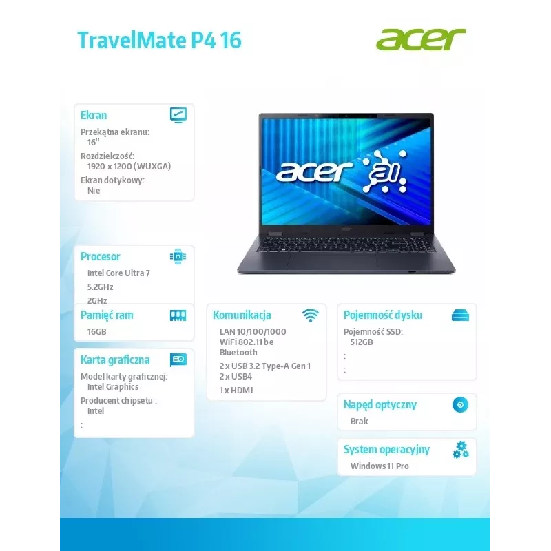 Acer TravelMate P4 TMP416-54-TCO klēpjdators ar Intel Ultra 7 255U, 16 GB operatīvo atmiņu, 512 GB SSD, Windows 11 Pro
