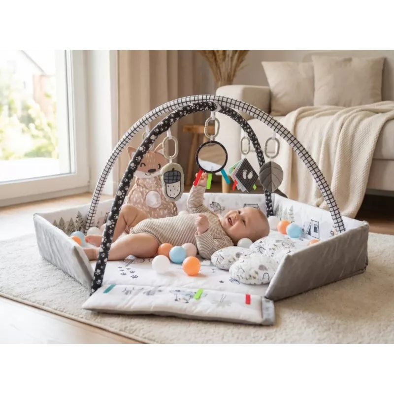 Bērnu rotaļu paklājiņš milly mally Baby Mat 5in1 Minky – daudzfunkcionāls 5-in-1 bērnu paklājiņš vēdera uzlikšanai, rotaļām, atpūtai, rāpošanas treniņam, ceļošanai