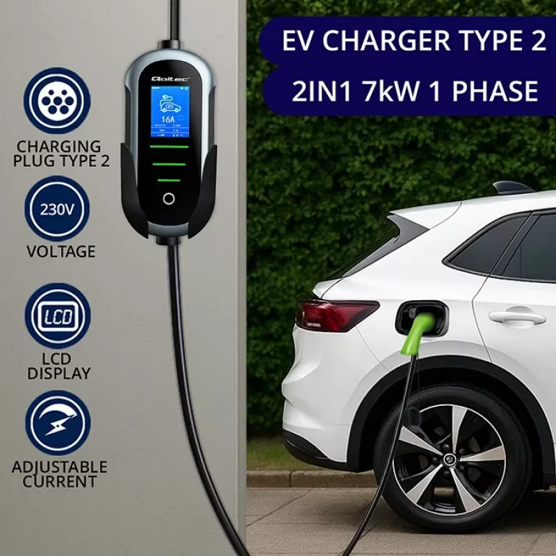 Pie sienas stiprināms elektroauto lādētājs QOLTEC 7 kW 230V CEE 32A ar Wi‑Fi un LCD (modelis 52721)