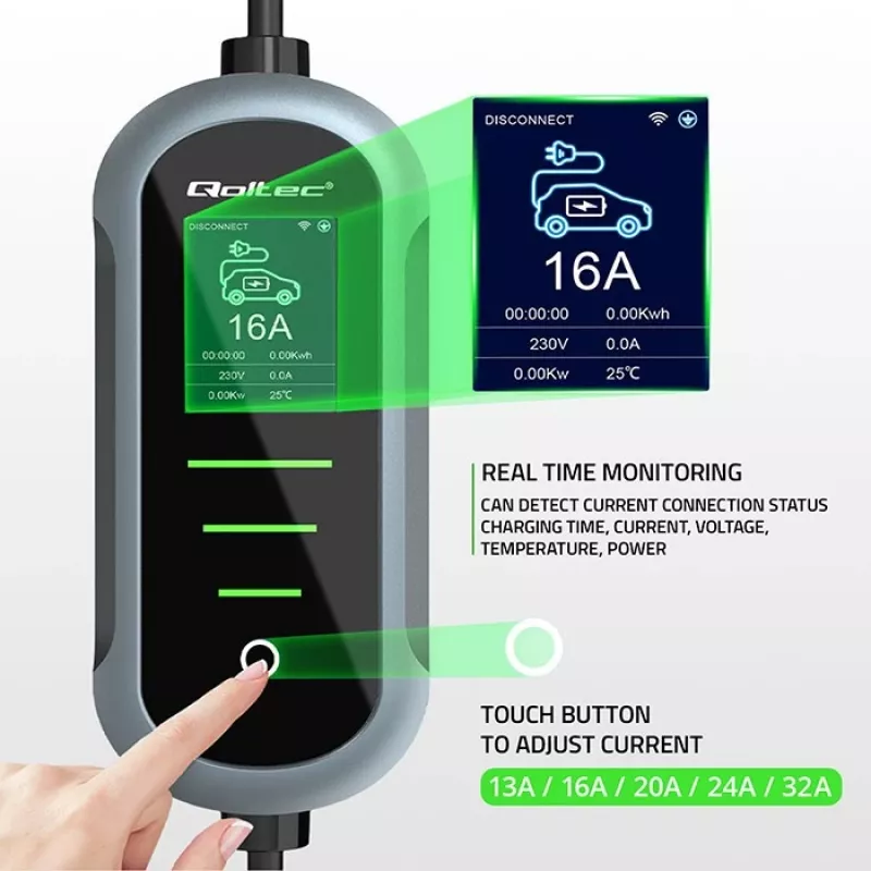 Pie sienas stiprināms elektroauto lādētājs QOLTEC 7 kW 230V CEE 32A ar Wi‑Fi un LCD (modelis 52721)