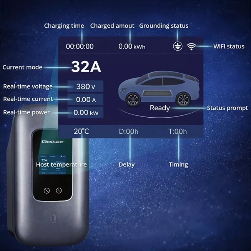 QOLTEC 3-fāžu EV uzlādes stacija 22 kW 32 A ar WiFi (modelis 52723)