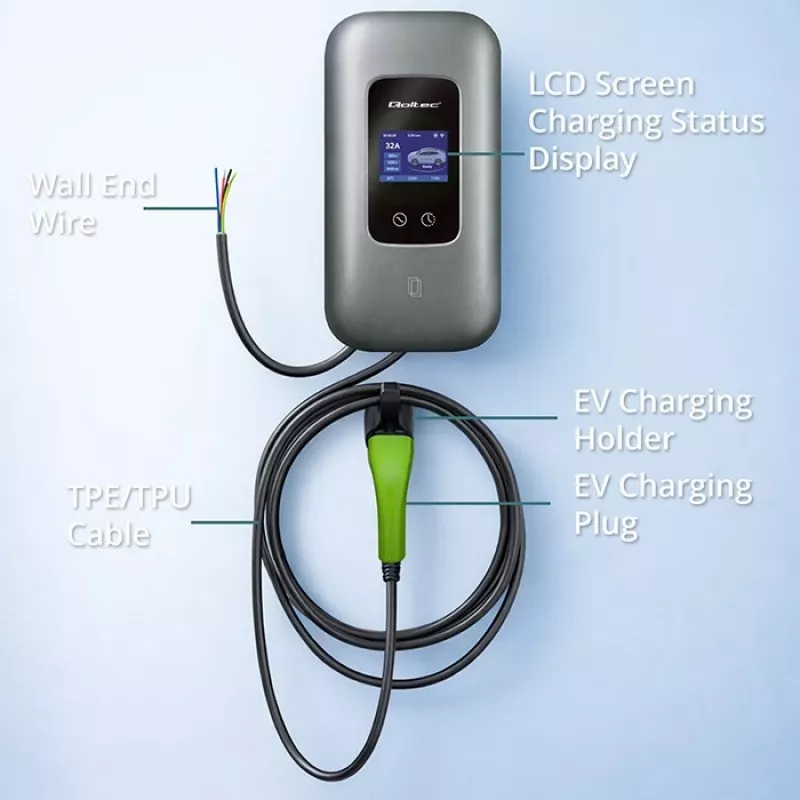 QOLTEC 3-fāžu EV uzlādes stacija 22 kW 32 A ar WiFi (modelis 52723)