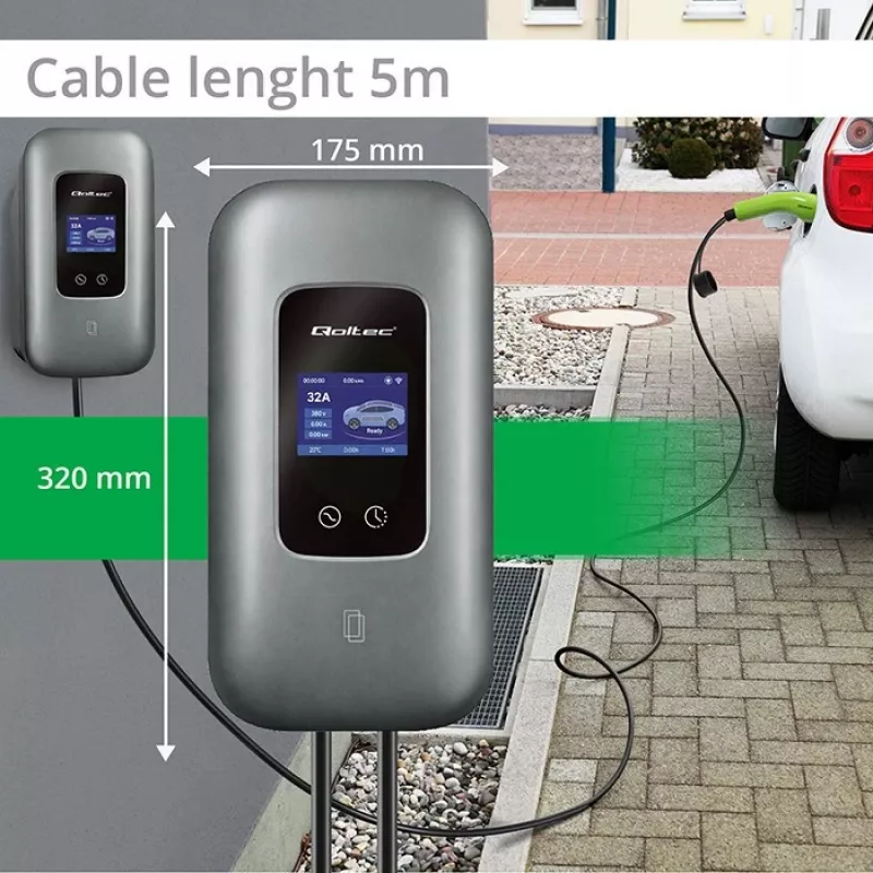 QOLTEC 3-fāžu EV uzlādes stacija 22 kW 32 A ar WiFi (modelis 52723)