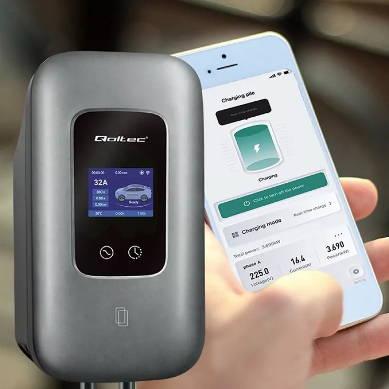 QOLTEC 3-fāžu EV uzlādes stacija 22 kW 32 A ar WiFi (modelis 52723)