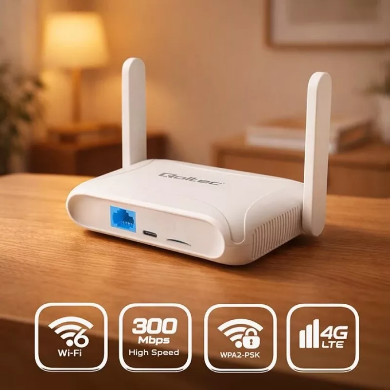 Maršrutētājs QOLTEC 56980 — 4G LTE mobilais maršrutētājs ar Wi‑Fi 6