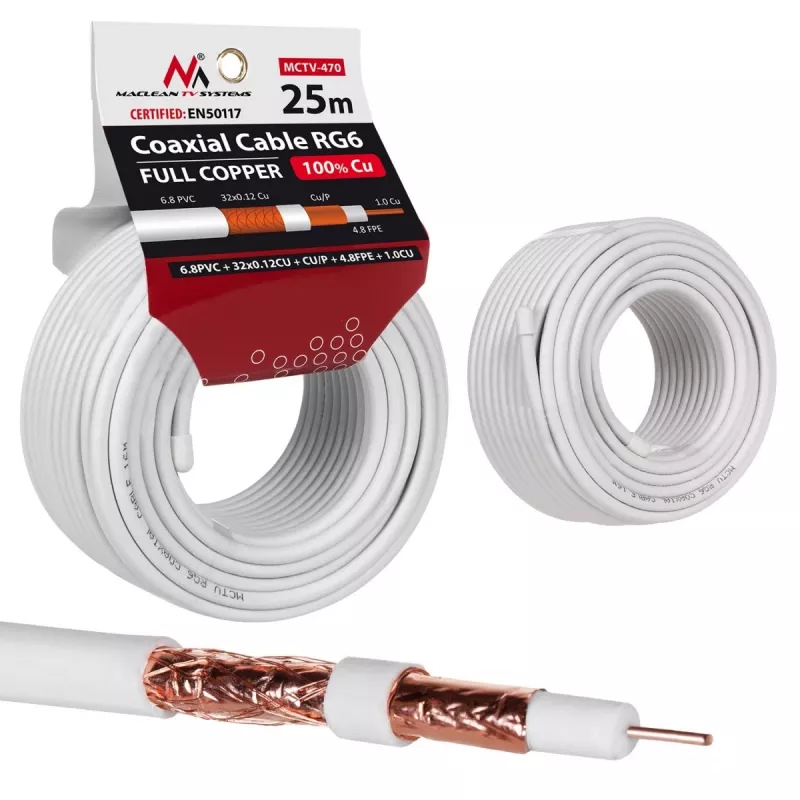 Koaksiālais kabelis MACLEAN MCTV-470 RG-6/U 25 m, balts