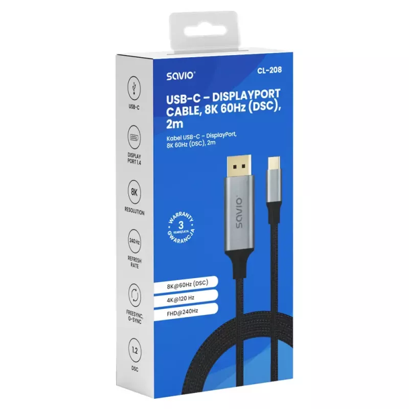 USB-C uz DisplayPort kabelis SAVIO CL-208 (DisplayPort 1.2, 2 m)