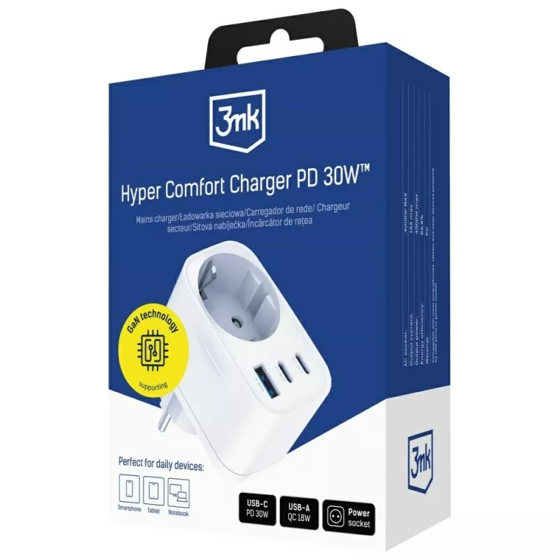 3MK Comfort Charger GaN 30W balts – USB strāvas adapteris, 30W GaN jauda