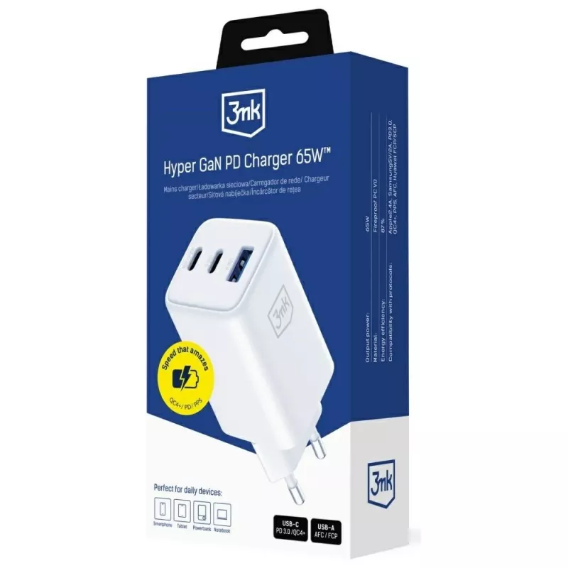 3MK lādētājs Hyper GaN 65W QC4+ — USB GaN 65W ātrais lādētājs ar QC4+ atbalstu