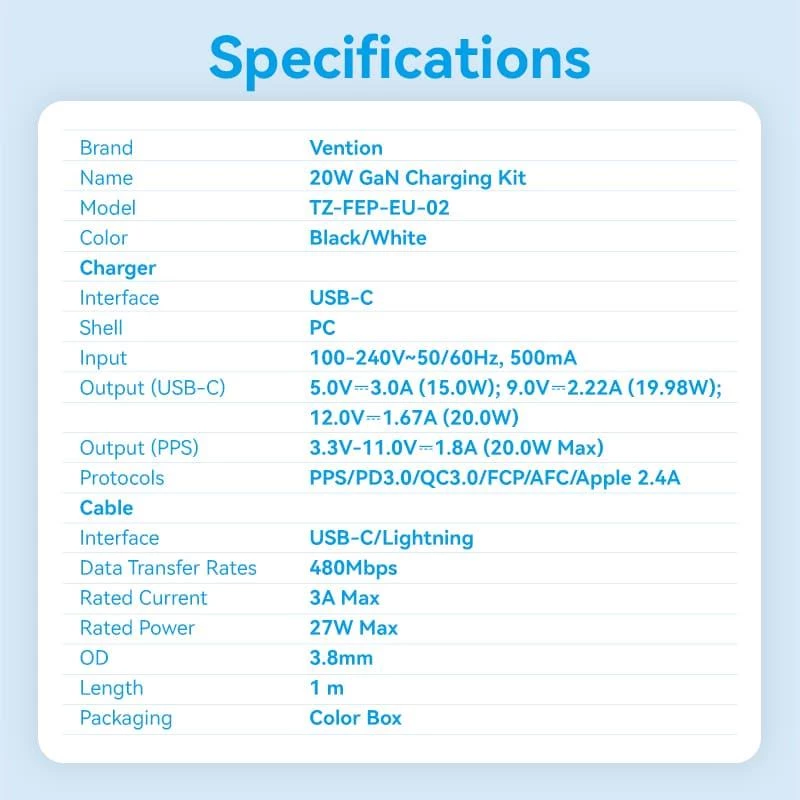 Mobilais lādētājs sienai USB-C/20W TZ-FEPW0-EU-02 Vention