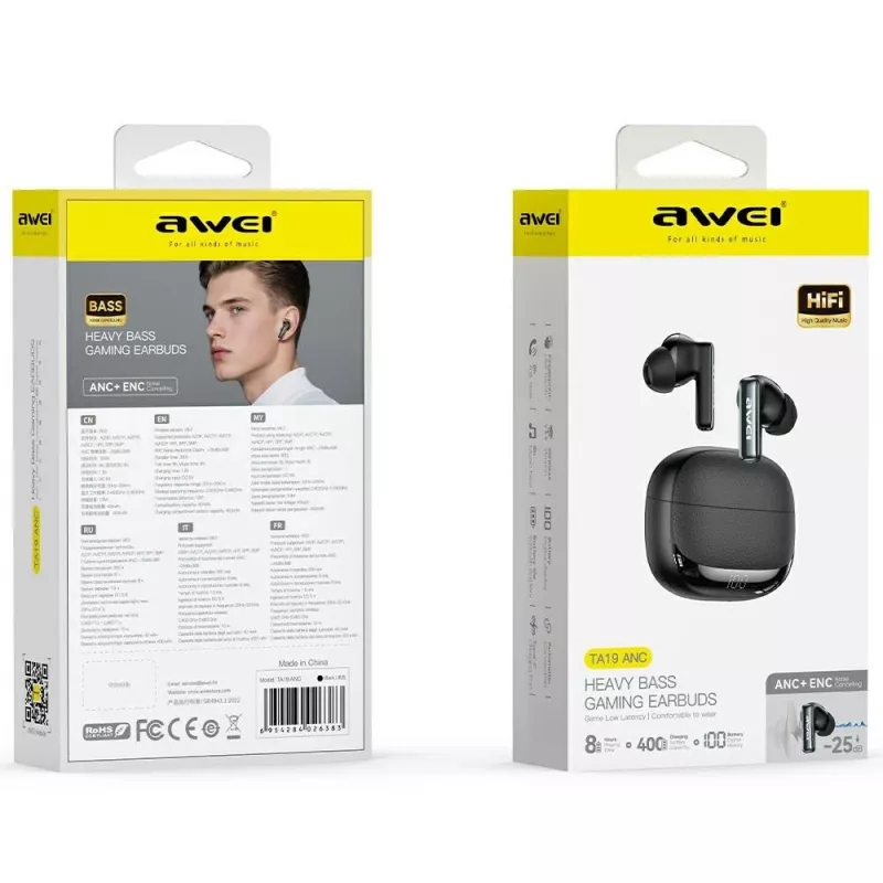 Awei Bluetooth austiņas, modelis ANC TA19 TWS, ar aktīvo trokšņu slāpēšanu, patiesi bezvadu stereo, Bluetooth savienojamība