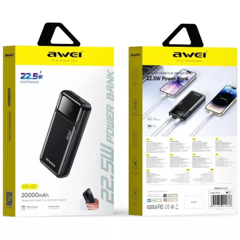 Ārējais akumulators Awei PA-92 20000mAh 22.5W PD ar 2x USB-C pieslēgvietām