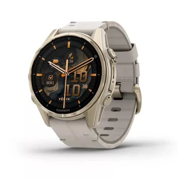 Viedpulkstenis GARMIN Fenix 8 43 mm, 1,3 collu AMOLED 416×416, skārienjutīgs ekrāns, Wi‑Fi, GPS, 32 GB, zelta korpuss, pelēka ādas siksniņa