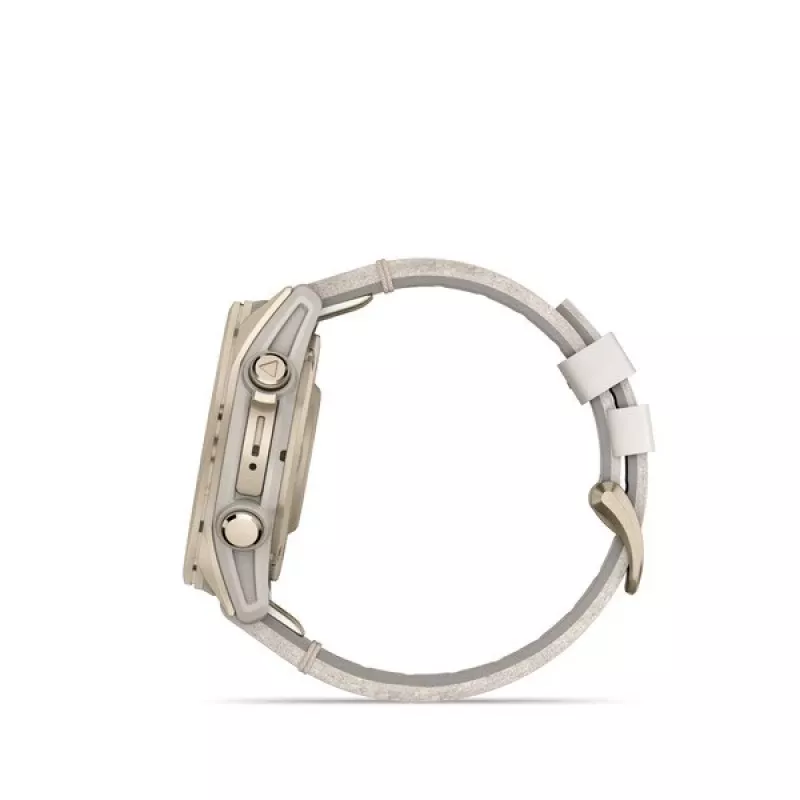 Viedpulkstenis GARMIN Fenix 8 43 mm, 1,3 collu AMOLED 416×416, skārienjutīgs ekrāns, Wi‑Fi, GPS, 32 GB, zelta korpuss, pelēka ādas siksniņa