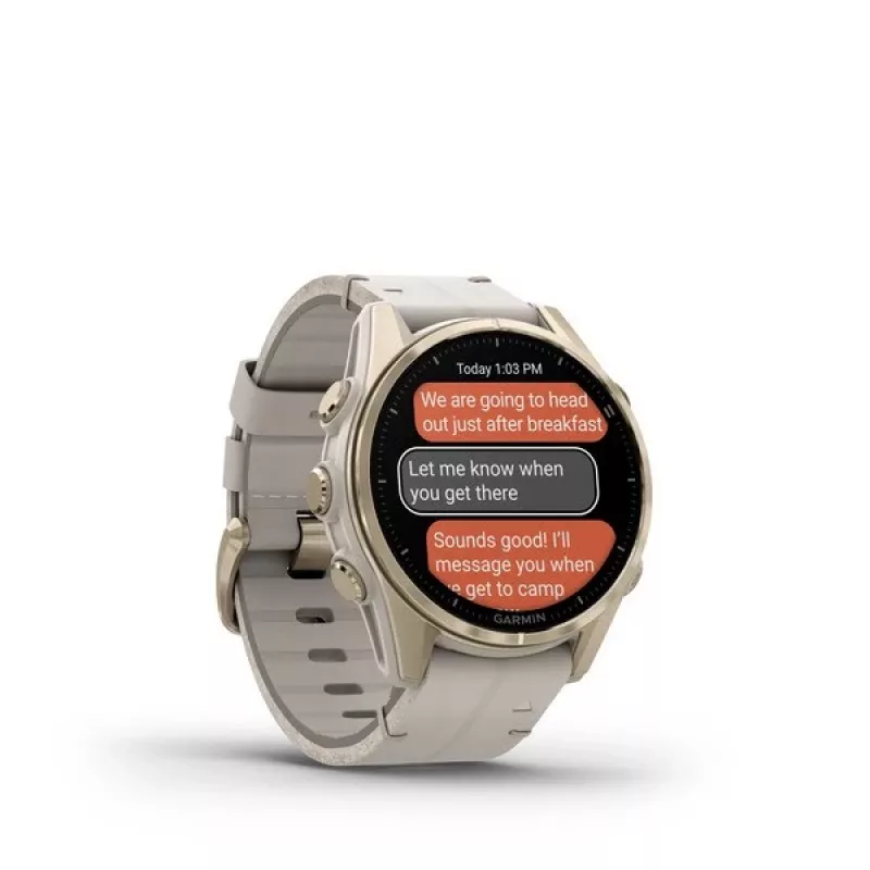 Viedpulkstenis GARMIN Fenix 8 43 mm, 1,3 collu AMOLED 416×416, skārienjutīgs ekrāns, Wi‑Fi, GPS, 32 GB, zelta korpuss, pelēka ādas siksniņa