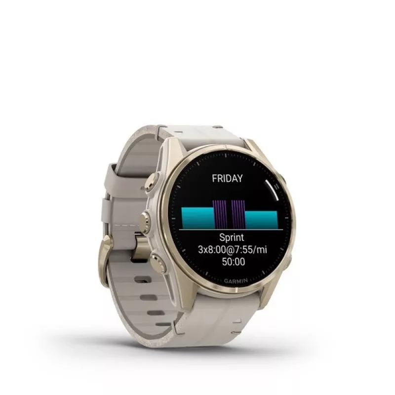 Viedpulkstenis GARMIN Fenix 8 43 mm, 1,3 collu AMOLED 416×416, skārienjutīgs ekrāns, Wi‑Fi, GPS, 32 GB, zelta korpuss, pelēka ādas siksniņa