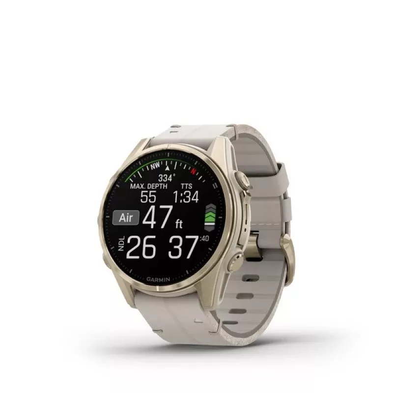 Viedpulkstenis GARMIN Fenix 8 43 mm, 1,3 collu AMOLED 416×416, skārienjutīgs ekrāns, Wi‑Fi, GPS, 32 GB, zelta korpuss, pelēka ādas siksniņa