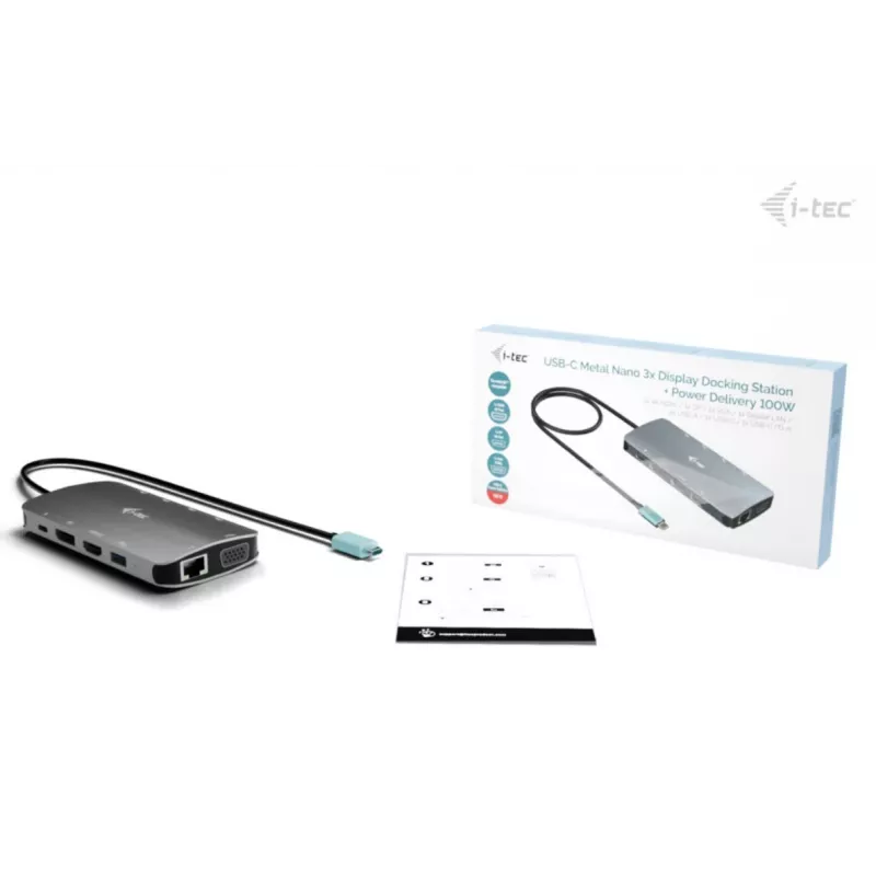 Docking Station ITEC i-tec USB-C Metal Nano 3x Display (DP, HDMI, VGA) ar Power Delivery 100 W, 4x USB-A, Gigabit Ethernet