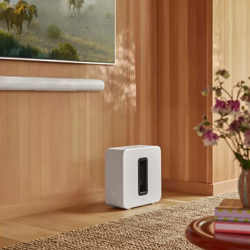 Aktīvais zemfrekvences skaļrunis Sonos Sub 4 — D klases pastiprinātājs, maiņstrāva 110–240 V, 40,2×15,8×38,9 cm, melnā vai baltā krāsā