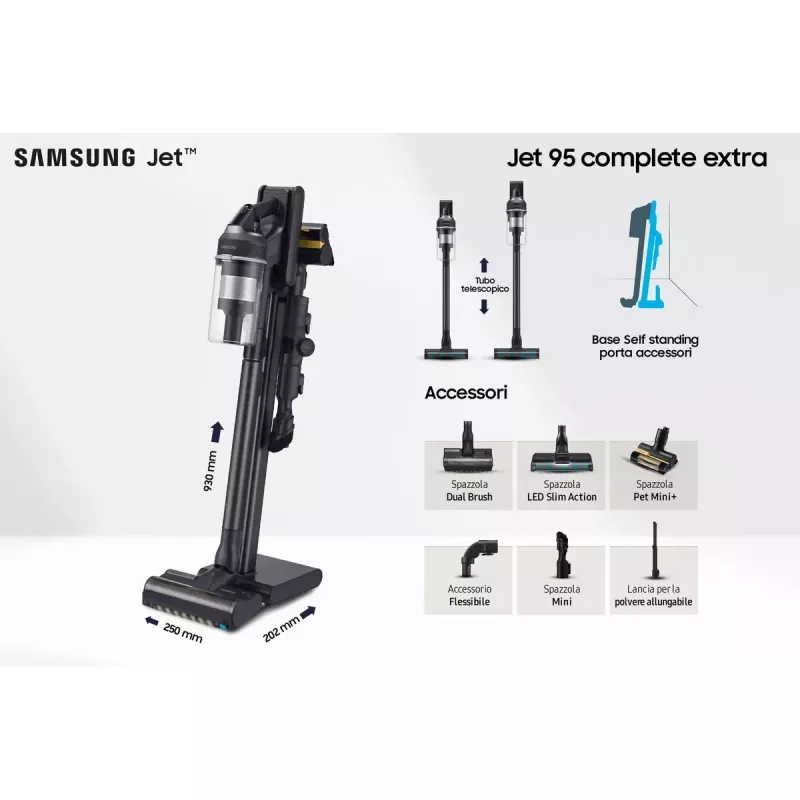 Stick vacuum Samsung VS20C9554TK — Baterija, litija jonu, 580 W, bez maisiņa 0,8 l, cikloniska, melna