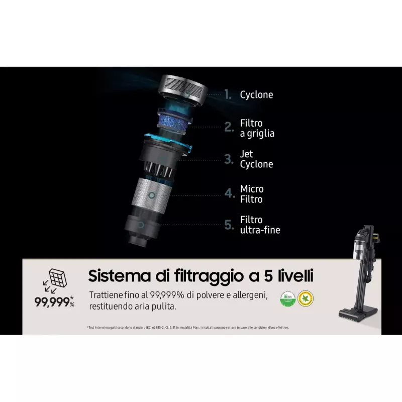 Stick vacuum Samsung VS20C9554TK — Baterija, litija jonu, 580 W, bez maisiņa 0,8 l, cikloniska, melna