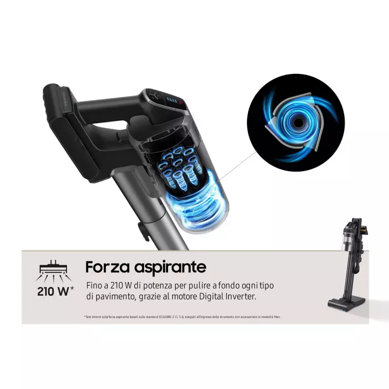 Stick vacuum Samsung VS20C9554TK — Baterija, litija jonu, 580 W, bez maisiņa 0,8 l, cikloniska, melna