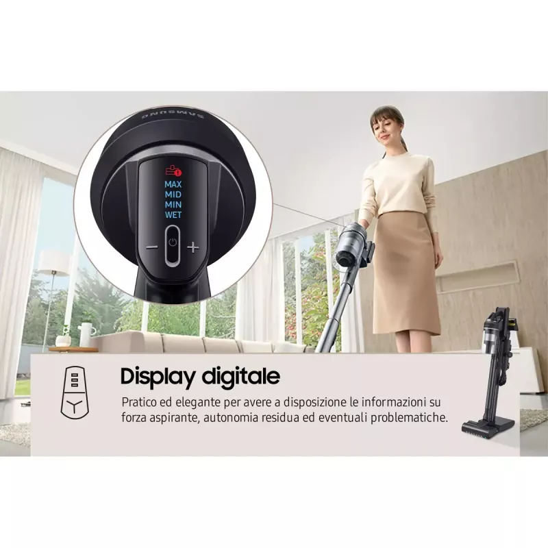 Stick vacuum Samsung VS20C9554TK — Baterija, litija jonu, 580 W, bez maisiņa 0,8 l, cikloniska, melna
