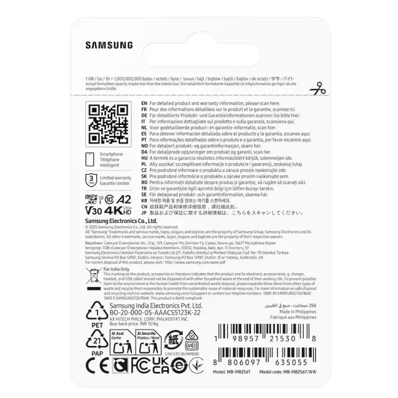 MicroSDXC atmiņas karte Samsung T7 256 GB UHS-I U3 V30 lasīšana 170 MB/s Zila