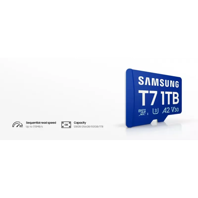 MicroSDXC atmiņas karte Samsung T7 256 GB UHS-I U3 V30 lasīšana 170 MB/s Zila