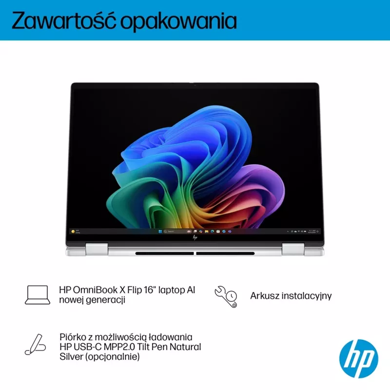 2-in-1 HP OmniBook X Flip NG AI 16-as0003nw klēpjdators, 16 collu 3K OLED skārienekrāns, 32 GB RAM, 1 TB SSD, Windows 11 Home, Ultra 7 258V, Glacier Silver