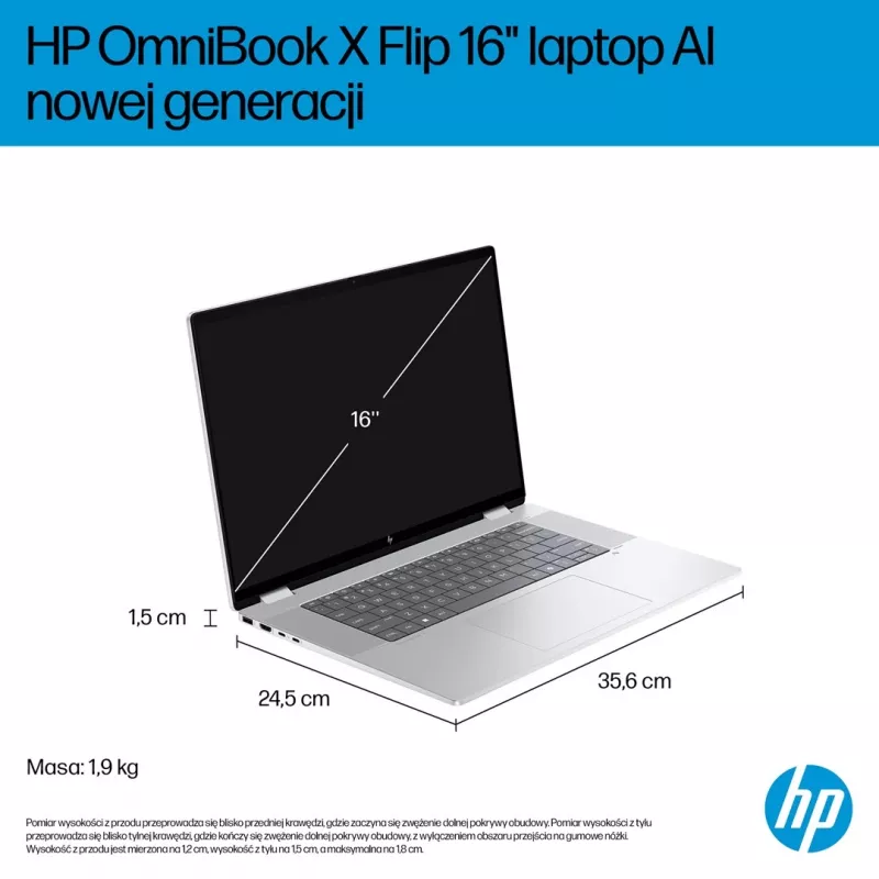 2-in-1 HP OmniBook X Flip NG AI 16-as0003nw klēpjdators, 16 collu 3K OLED skārienekrāns, 32 GB RAM, 1 TB SSD, Windows 11 Home, Ultra 7 258V, Glacier Silver