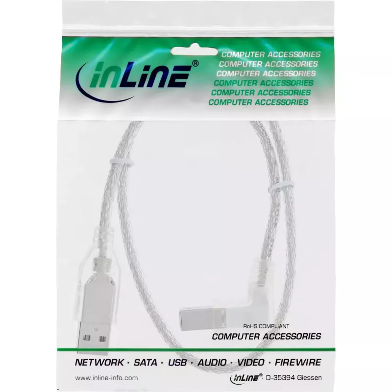 USB 2.0 kabelis InLine Tips A (leņķveida) uz Tipu B spraudnis, 0,3 m, caurspīdīgs
