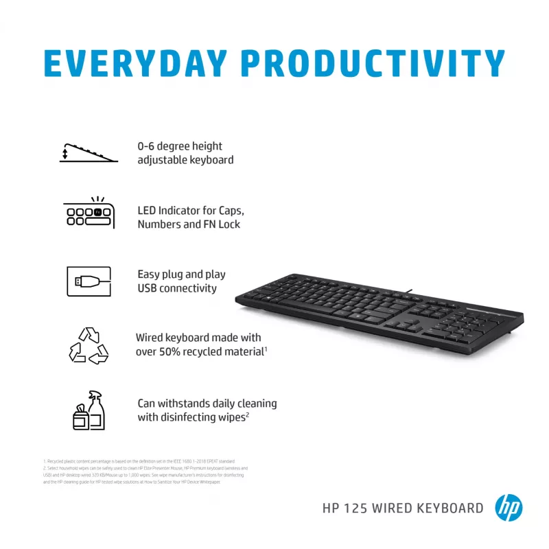 HP 125 vadu tastatūra, pilna izmēra USB membrānas tipa, melna
