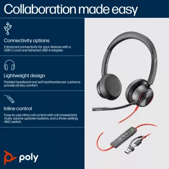 HP Poly Melnswire 8225 USB-C austiņas, vadu, Birojs/Zvanu centrs, 185 g, Austiņas, Melns
