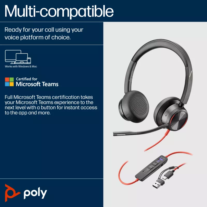HP Poly Melnswire 8225 USB-C austiņas, vadu, Birojs/Zvanu centrs, 185 g, Austiņas, Melns