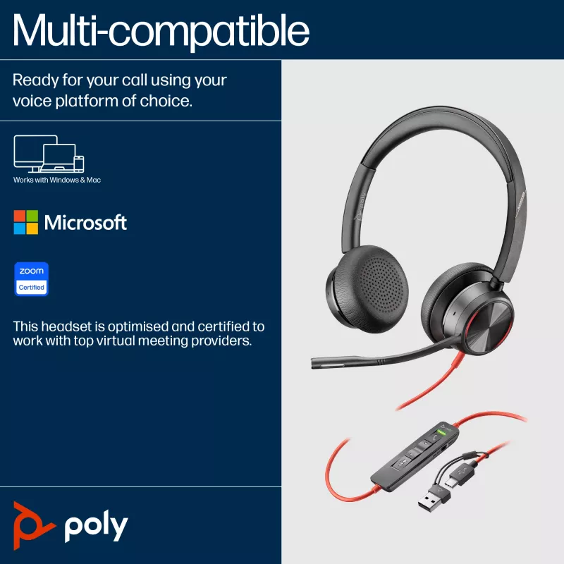 HP Poly Melnswire 8225 USB-C austiņas, vadu, Birojs/Zvanu centrs, 185 g, Austiņas, Melns