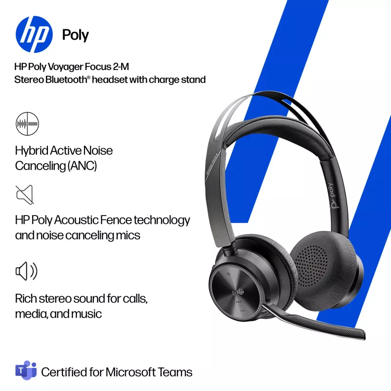 HP Poly Voyager Focus 2-M USB-C-C austiņas USB-C/A adapteris uzlādes statīvs Poly+ 3 gadi