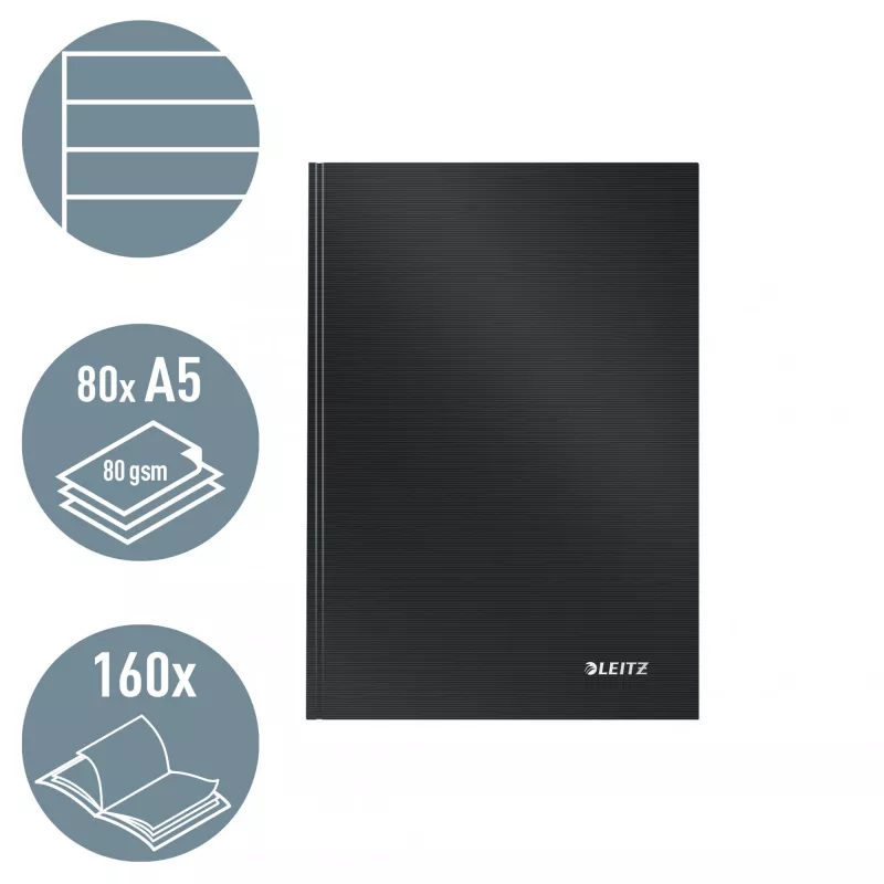 Leitz piezīmju grāmatiņa cietos vākos Solid, A5, līnijās, 90 grami, 80 loksnes, vienkrāsaina, melna, A5, 80 loksnes, spīdīga, 80 g/m²