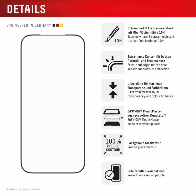 Displeja aizsargs e.v.i. Displex iPhone 17 Pro Premium ar Mount Master — izturīgs pret skrāpējumiem, caurspīdīgs/melns