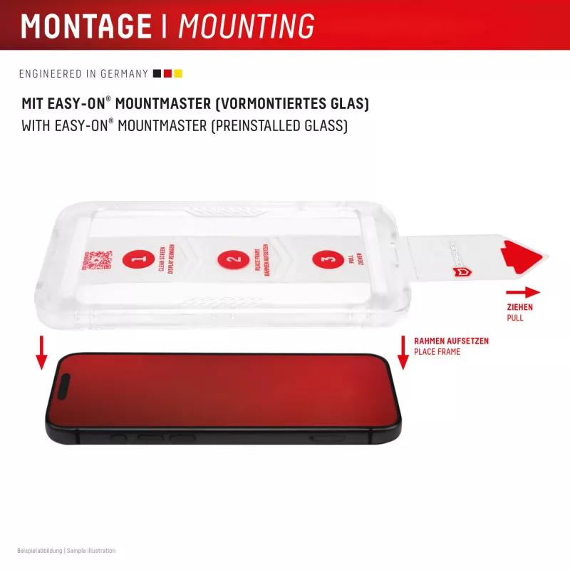 Displeja aizsargs e.v.i. Displex iPhone 17 Pro Premium ar Mount Master — izturīgs pret skrāpējumiem, caurspīdīgs/melns