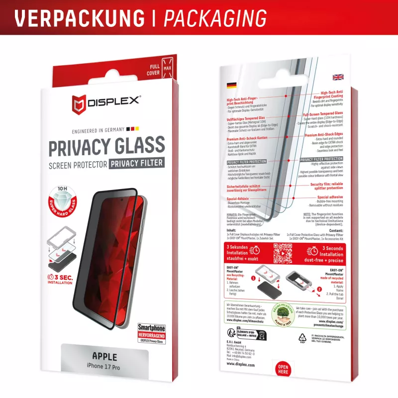 Displex privātuma ekrāna aizsargs (10H) Apple iPhone 17 Pro, privātuma filtrs